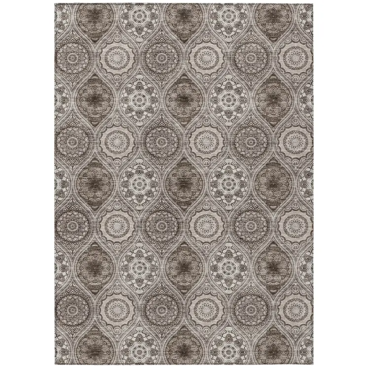 9' X 12' Khaki Ivory And Taupe Floral Medallion Washable Indoor Outdoor Area Rug