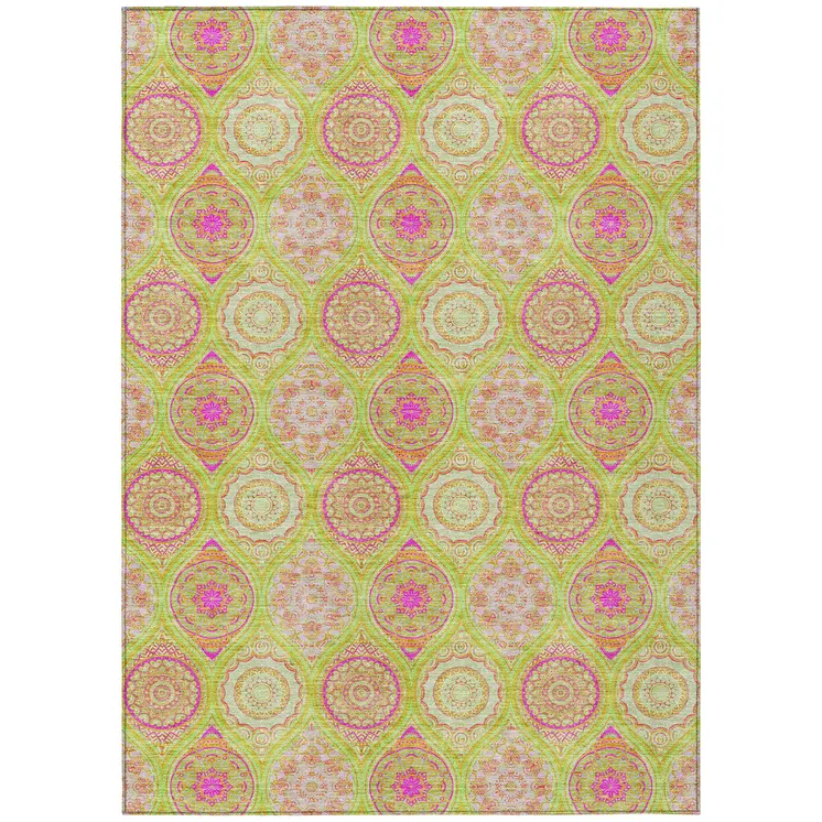 5' X 8' Lime Green Pink And Ivory Floral Medallion Washable Indoor Outdoor Area Rug