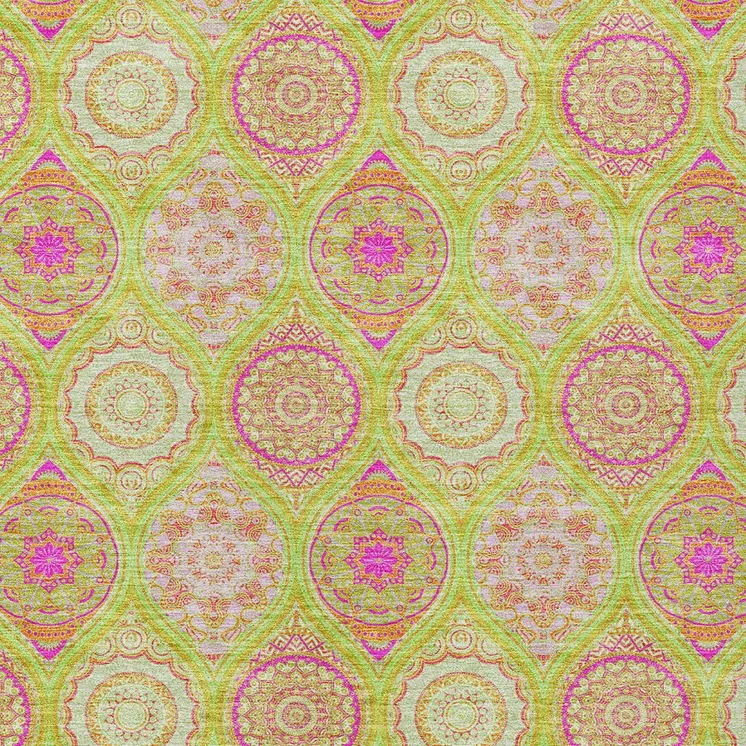 5' X 8' Lime Green Pink And Ivory Floral Medallion Washable Indoor Outdoor Area Rug