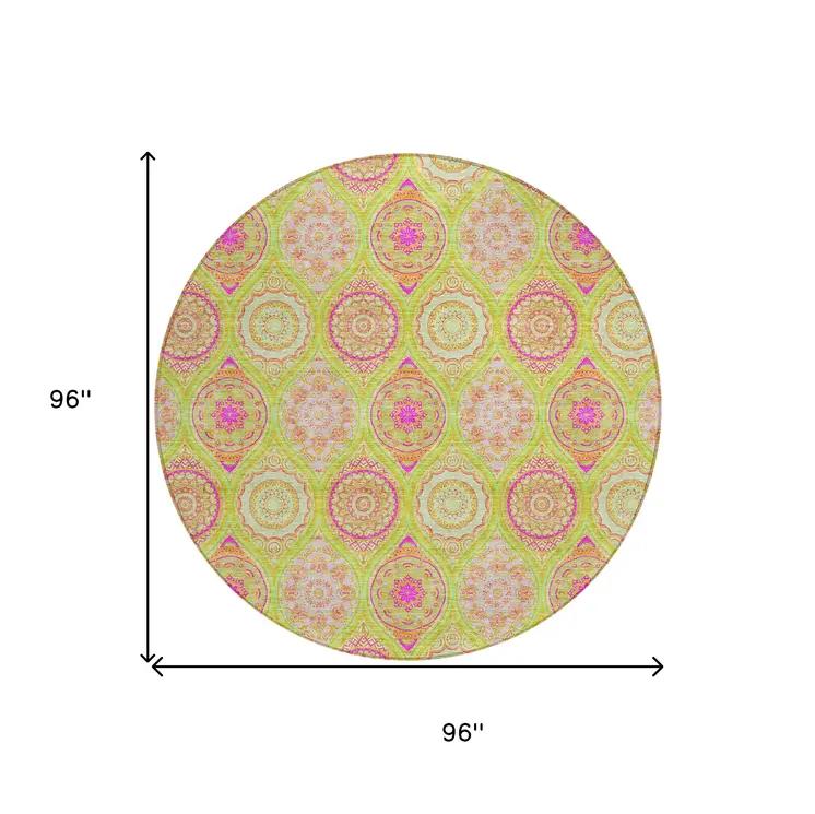 8' Lime Green Pink And Ivory Round Floral Medallion Washable Indoor Outdoor Area Rug