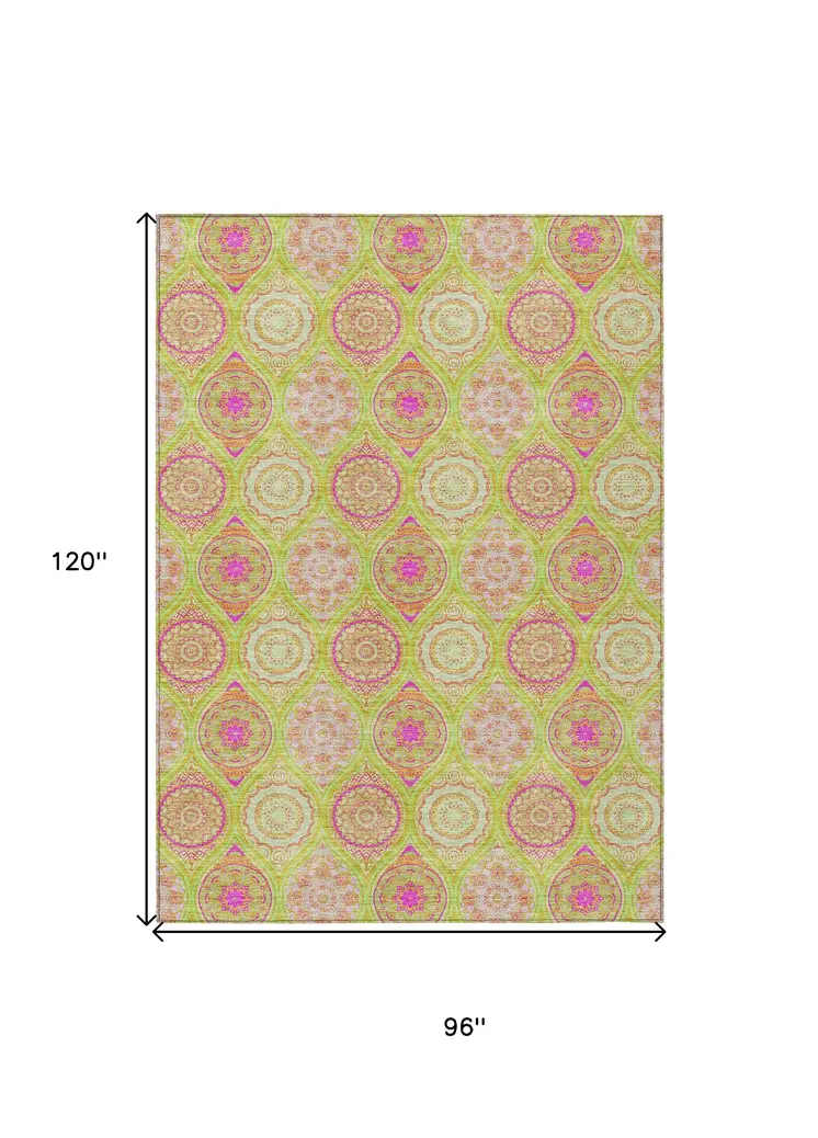 8' X 10' Lime Green Pink And Ivory Floral Medallion Washable Indoor Outdoor Area Rug