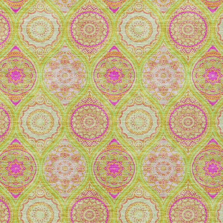 8' X 10' Lime Green Pink And Ivory Floral Medallion Washable Indoor Outdoor Area Rug