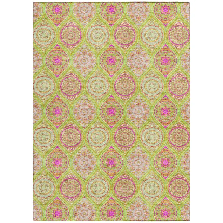 9' X 12' Lime Green Pink And Ivory Floral Medallion Washable Indoor Outdoor Area Rug