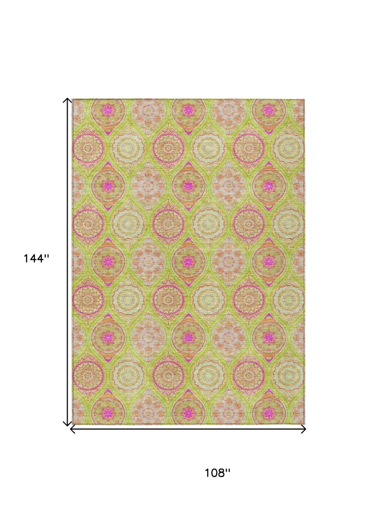 9' X 12' Lime Green Pink And Ivory Floral Medallion Washable Indoor Outdoor Area Rug
