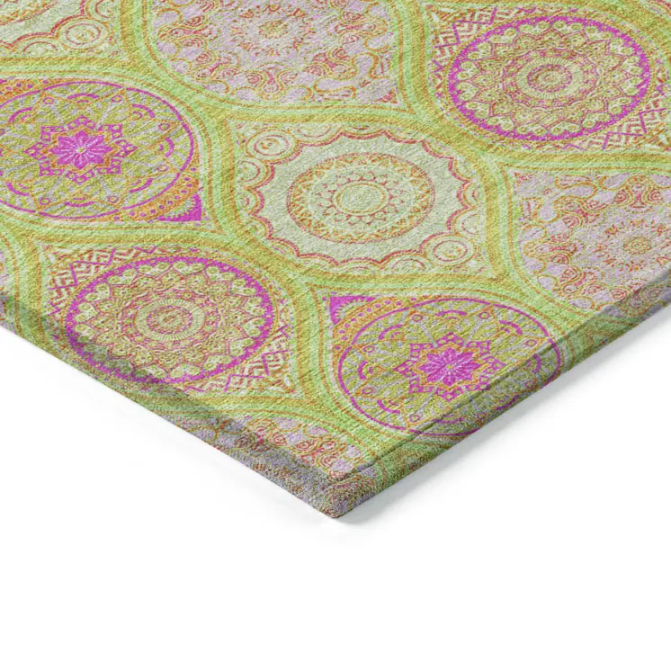 9' X 12' Lime Green Pink And Ivory Floral Medallion Washable Indoor Outdoor Area Rug