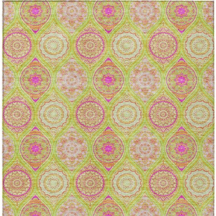 9' X 12' Lime Green Pink And Ivory Floral Medallion Washable Indoor Outdoor Area Rug