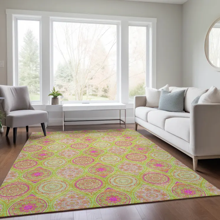 9' X 12' Lime Green Pink And Ivory Floral Medallion Washable Indoor Outdoor Area Rug