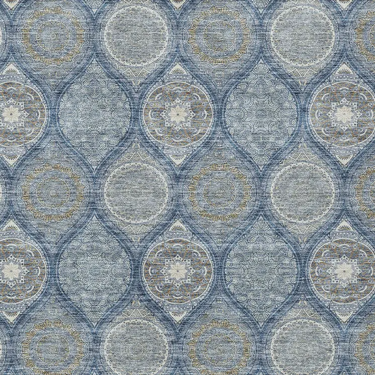 5' X 8' Navy Blue Ivory And Taupe Floral Medallion Washable Indoor Outdoor Area Rug