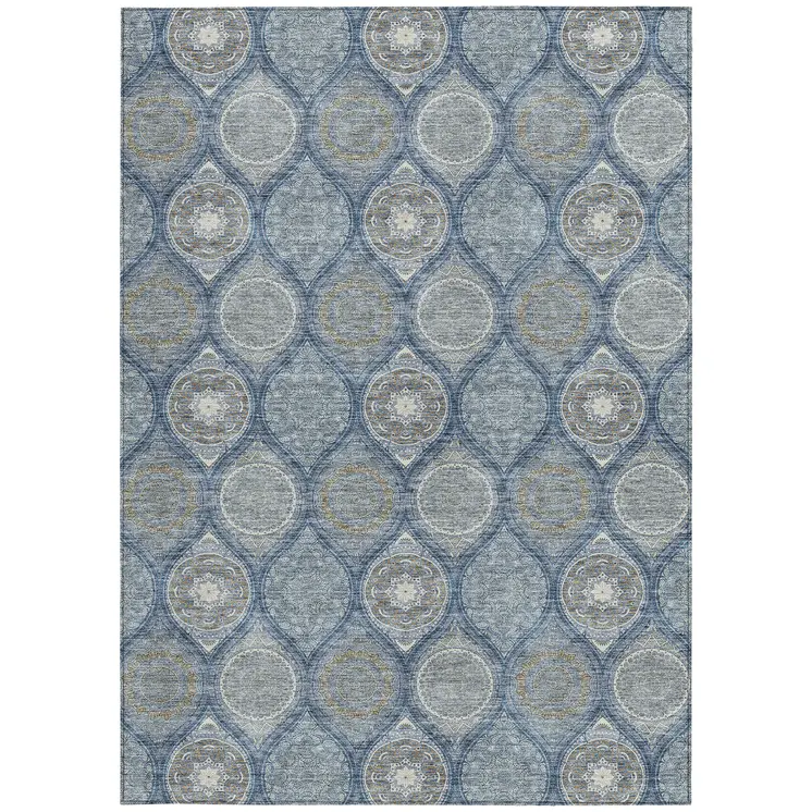 8' X 10' Navy Blue Ivory And Taupe Floral Medallion Washable Indoor Outdoor Area Rug