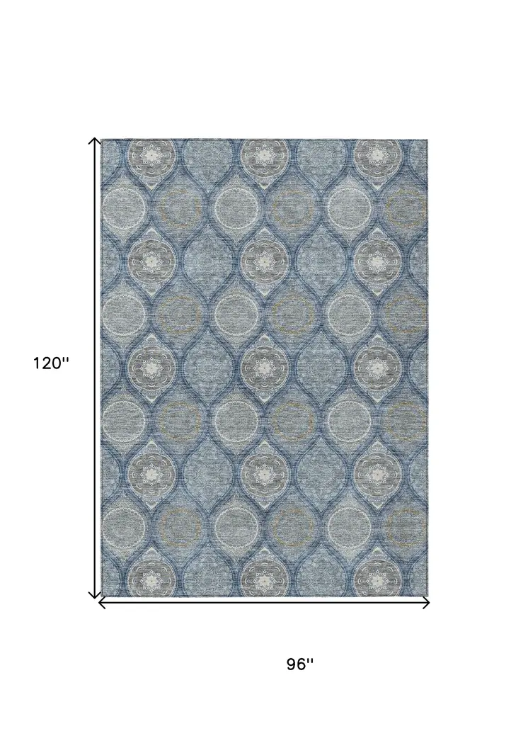 8' X 10' Navy Blue Ivory And Taupe Floral Medallion Washable Indoor Outdoor Area Rug