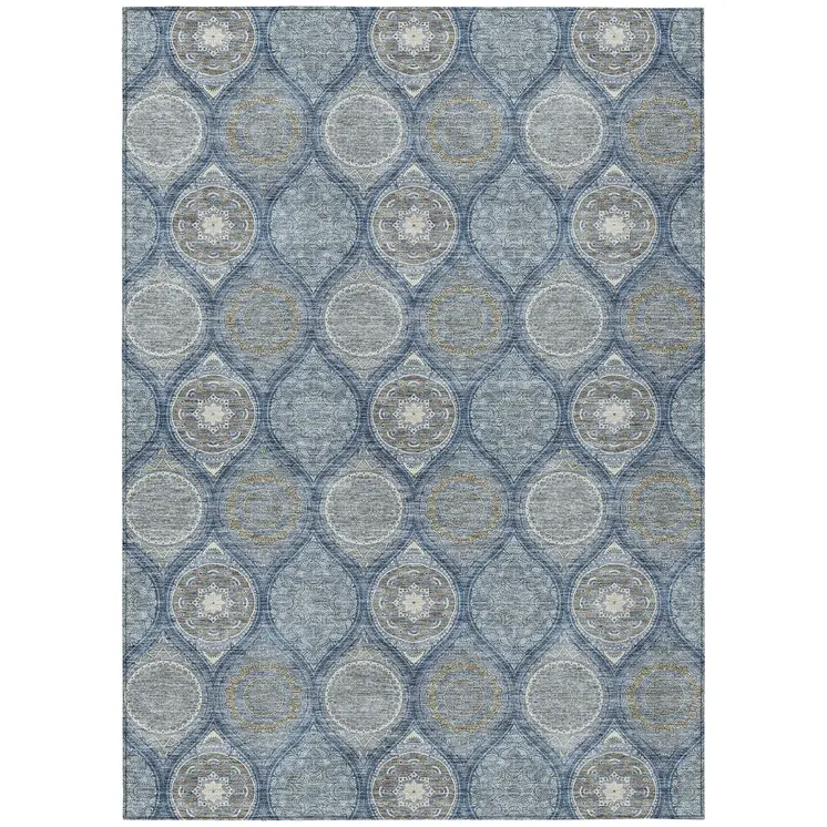 8' X 10' Navy Blue Ivory And Taupe Floral Medallion Washable Indoor Outdoor Area Rug
