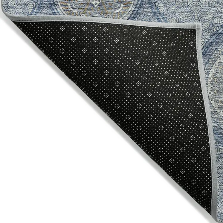 8' X 10' Navy Blue Ivory And Taupe Floral Medallion Washable Indoor Outdoor Area Rug