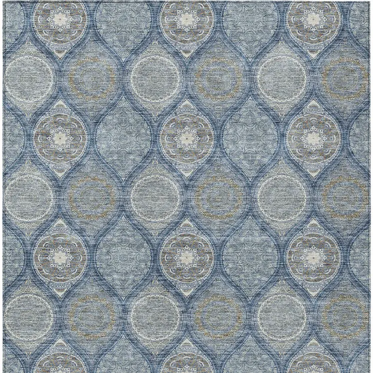 8' X 10' Navy Blue Ivory And Taupe Floral Medallion Washable Indoor Outdoor Area Rug