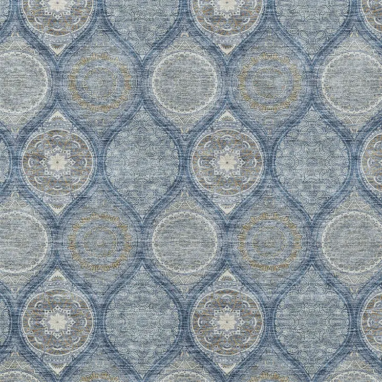 10' X 14' Navy Blue Ivory And Taupe Floral Medallion Washable Indoor Outdoor Area Rug