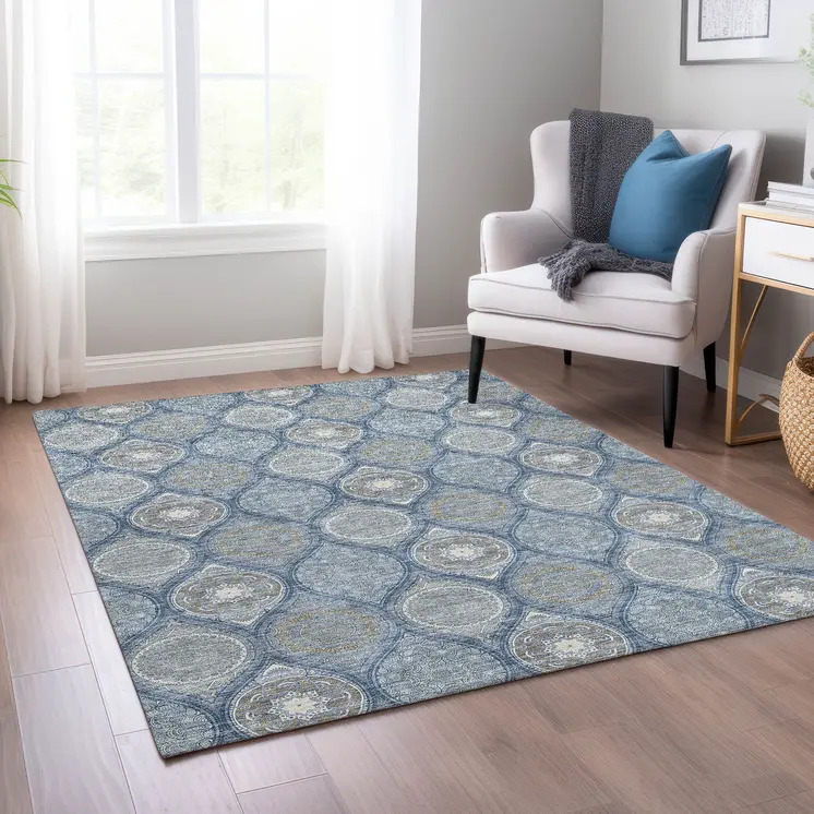 10' X 14' Navy Blue Ivory And Taupe Floral Medallion Washable Indoor Outdoor Area Rug