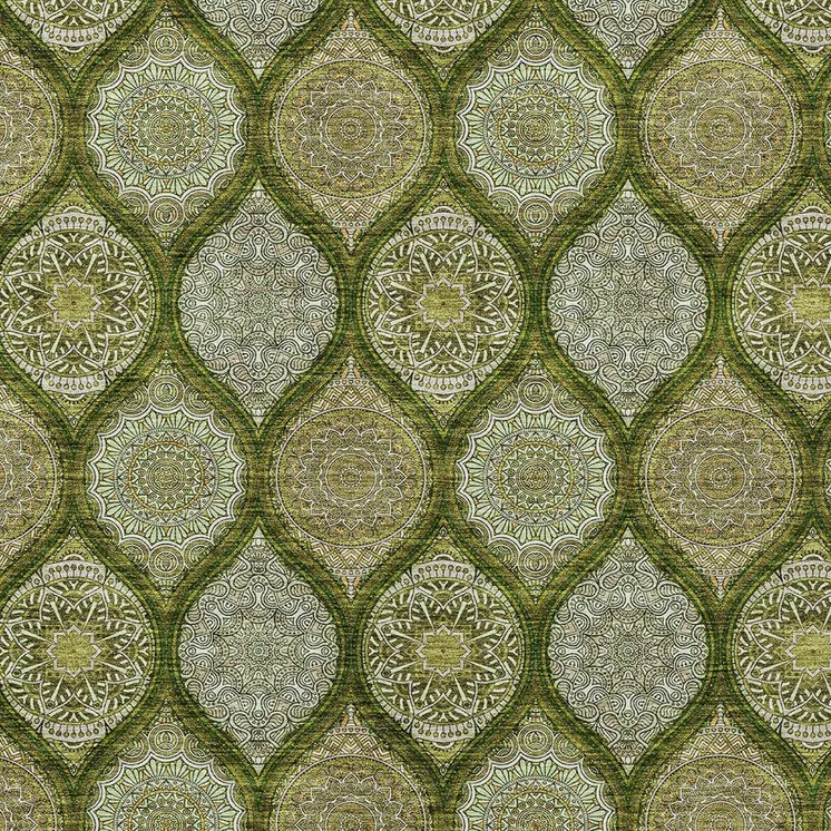 3' X 5' Olive Green Gold And Ivory Floral Medallion Washable Indoor Outdoor Area Rug