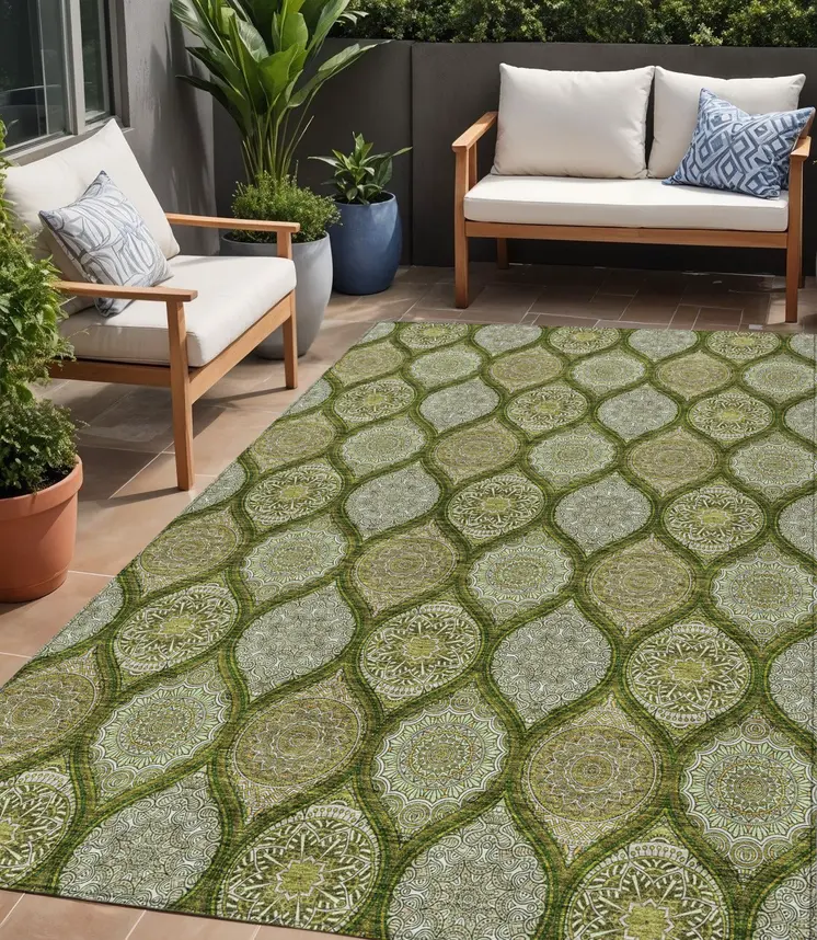 5' X 8' Olive Green Gold And Ivory Floral Medallion Washable Indoor Outdoor Area Rug