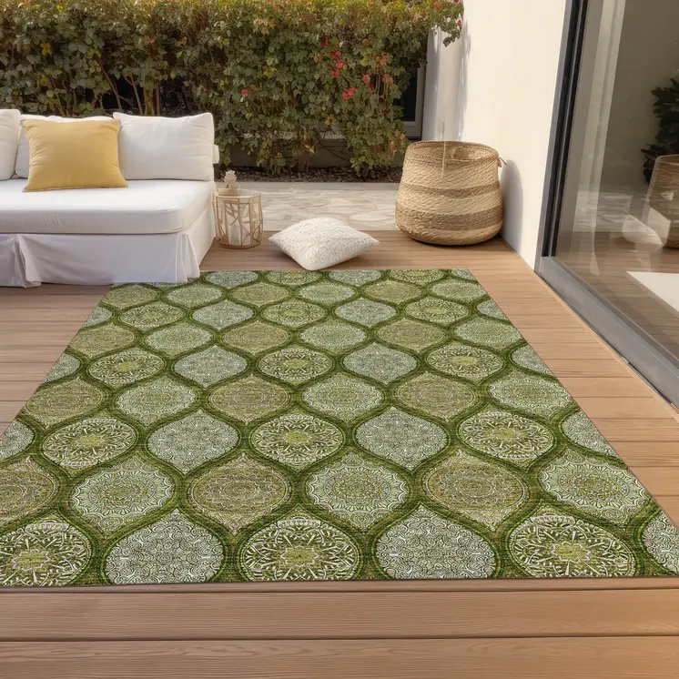 5' X 8' Olive Green Gold And Ivory Floral Medallion Washable Indoor Outdoor Area Rug