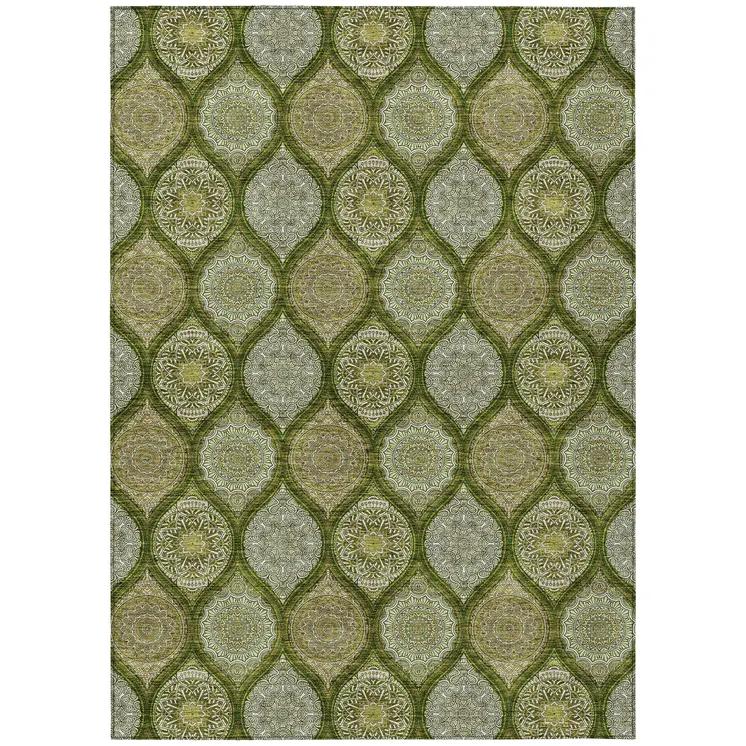 5' X 8' Olive Green Gold And Ivory Floral Medallion Washable Indoor Outdoor Area Rug