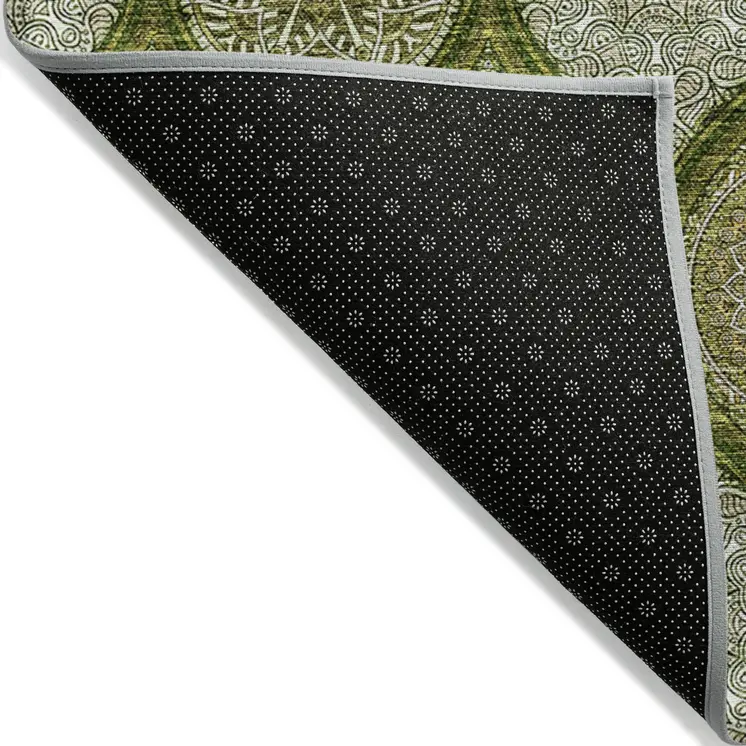5' X 8' Olive Green Gold And Ivory Floral Medallion Washable Indoor Outdoor Area Rug