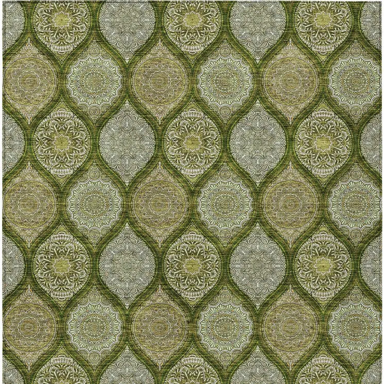 5' X 8' Olive Green Gold And Ivory Floral Medallion Washable Indoor Outdoor Area Rug
