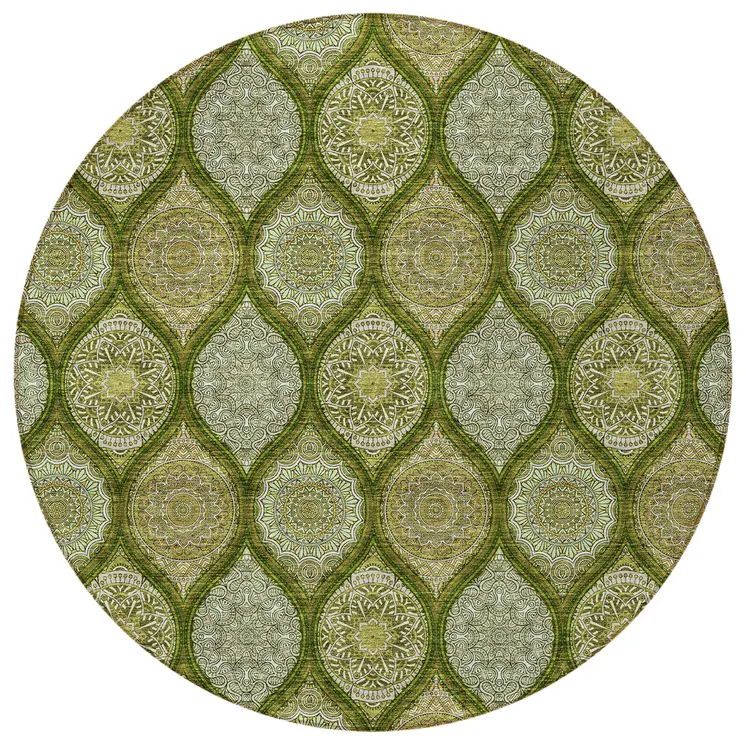 8' Olive Green Gold And Ivory Round Floral Medallion Washable Indoor Outdoor Area Rug