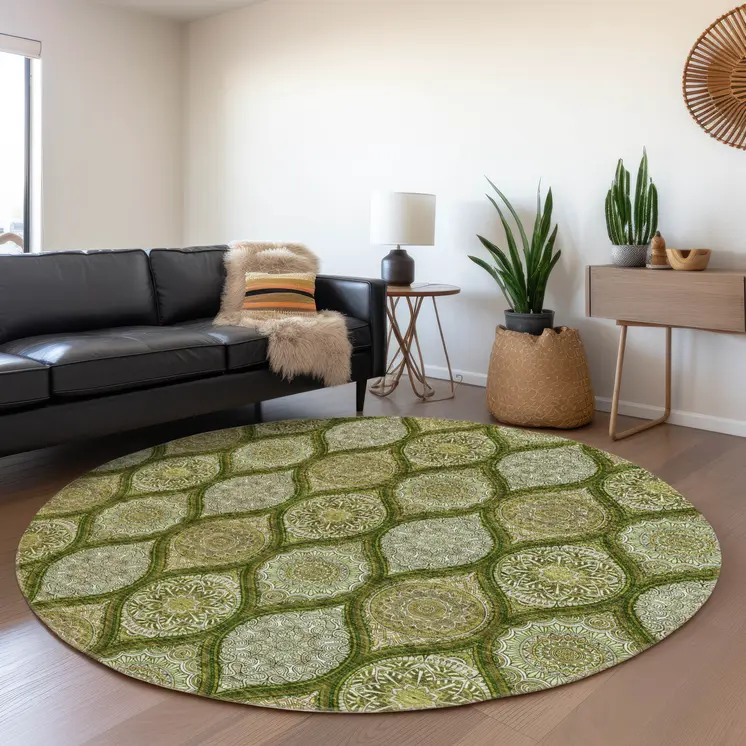 8' Olive Green Gold And Ivory Round Floral Medallion Washable Indoor Outdoor Area Rug