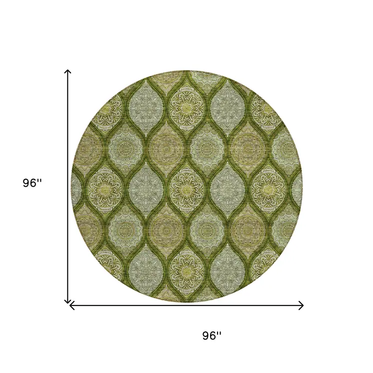 8' Olive Green Gold And Ivory Round Floral Medallion Washable Indoor Outdoor Area Rug