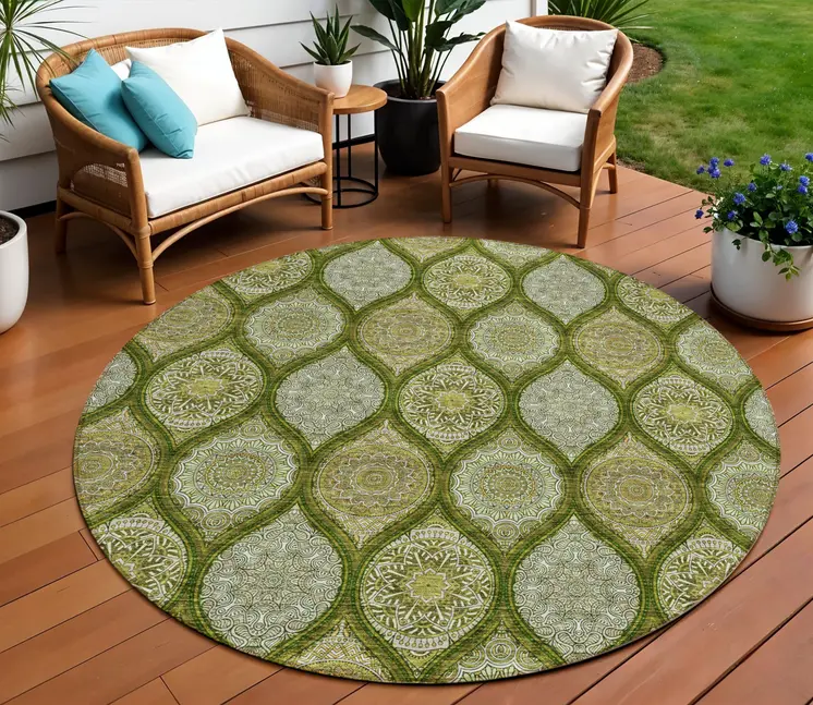 8' Olive Green Gold And Ivory Round Floral Medallion Washable Indoor Outdoor Area Rug