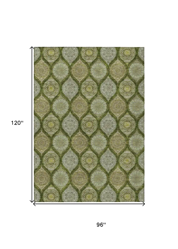 8' X 10' Olive Green Gold And Ivory Floral Medallion Washable Indoor Outdoor Area Rug