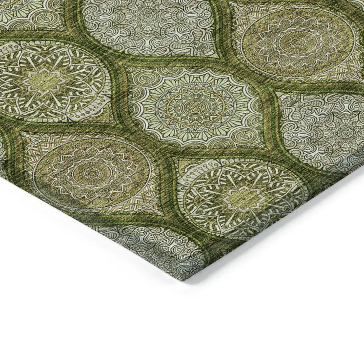 8' X 10' Olive Green Gold And Ivory Floral Medallion Washable Indoor Outdoor Area Rug