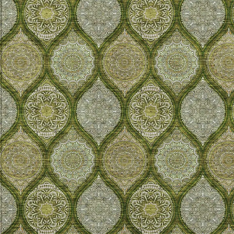 8' X 10' Olive Green Gold And Ivory Floral Medallion Washable Indoor Outdoor Area Rug