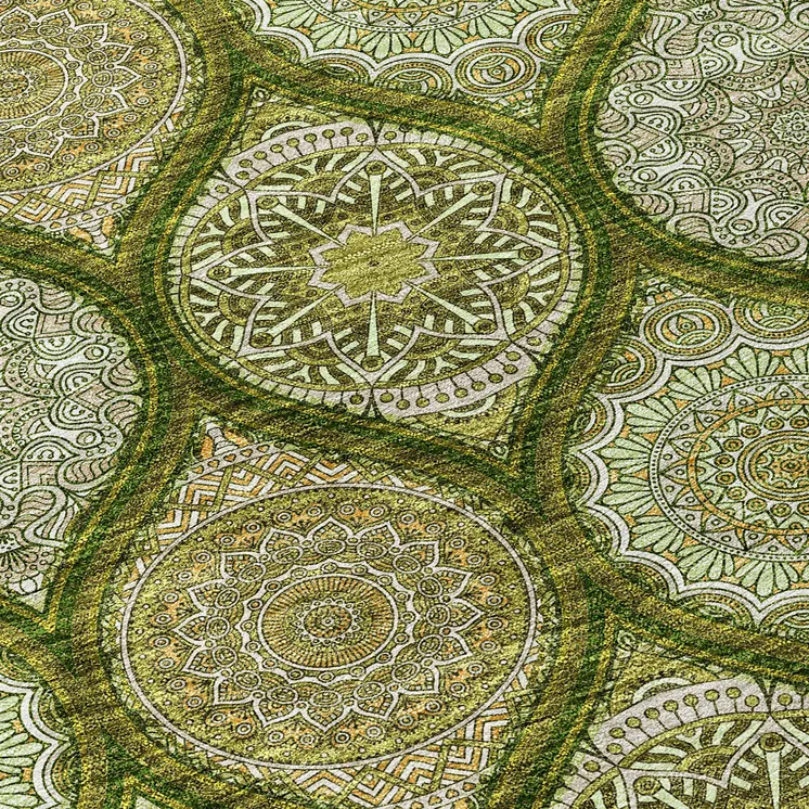 8' X 10' Olive Green Gold And Ivory Floral Medallion Washable Indoor Outdoor Area Rug