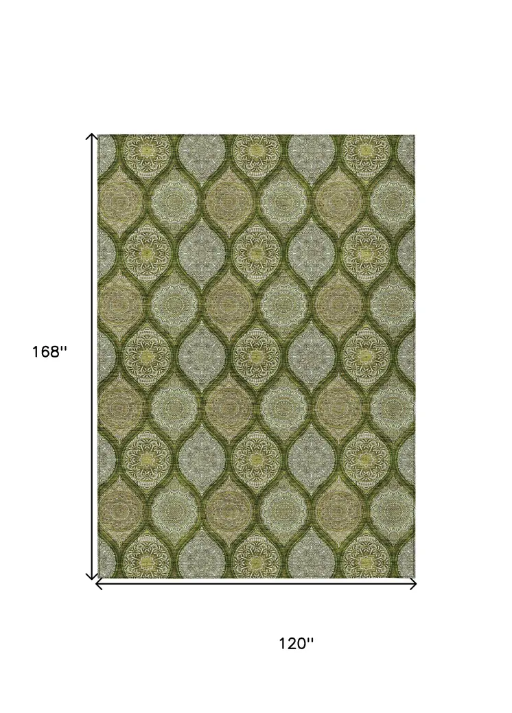 10' X 14' Olive Green Gold And Ivory Floral Medallion Washable Indoor Outdoor Area Rug