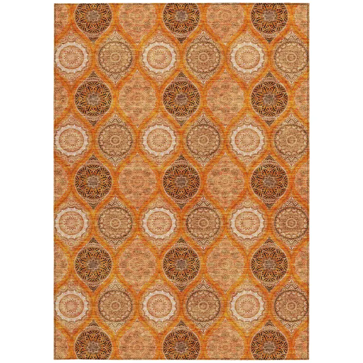 5' X 8' Orange Ivory And Gray Floral Medallion Washable Indoor Outdoor Area Rug