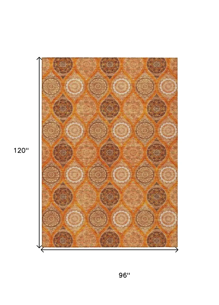 8' X 10' Orange Ivory And Gray Floral Medallion Washable Indoor Outdoor Area Rug