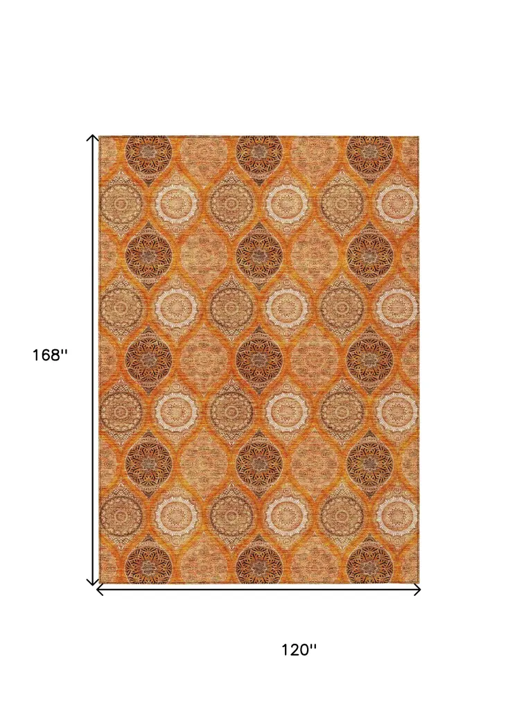 10' X 14' Orange Ivory And Gray Floral Medallion Washable Indoor Outdoor Area Rug