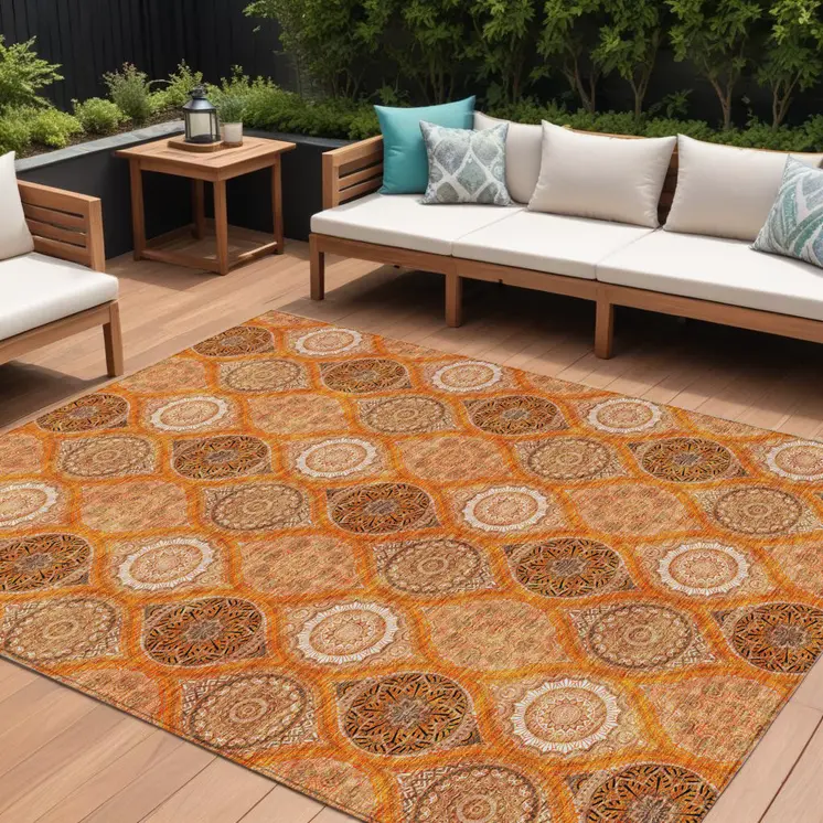 10' X 14' Orange Ivory And Gray Floral Medallion Washable Indoor Outdoor Area Rug