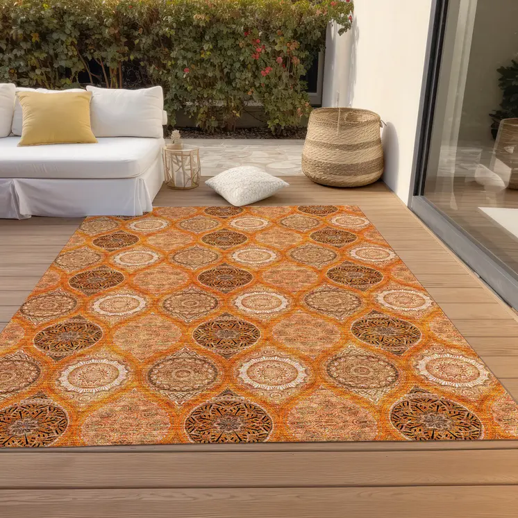 10' X 14' Orange Ivory And Gray Floral Medallion Washable Indoor Outdoor Area Rug