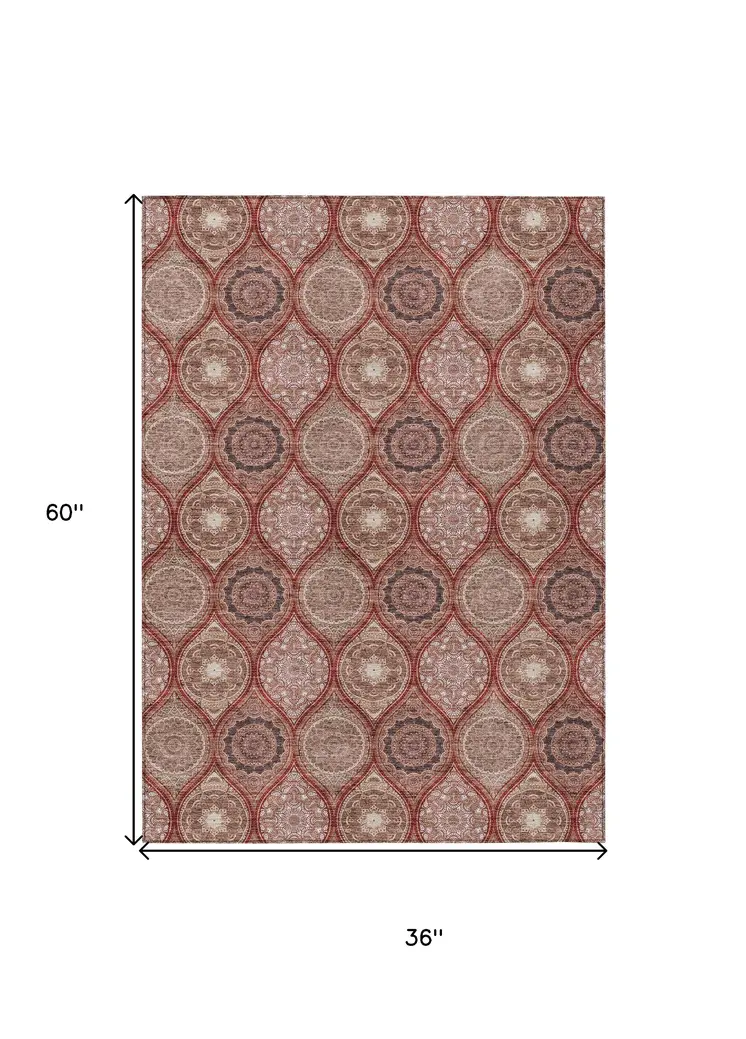 3' X 5' Orange Beige And Gray Floral Medallion Washable Indoor Outdoor Area Rug