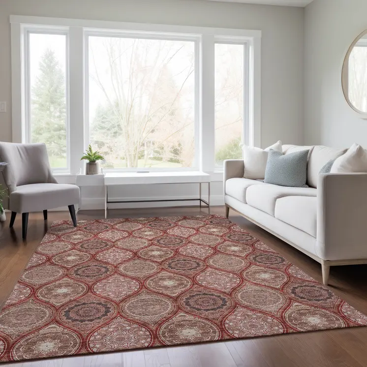 3' X 5' Orange Beige And Gray Floral Medallion Washable Indoor Outdoor Area Rug