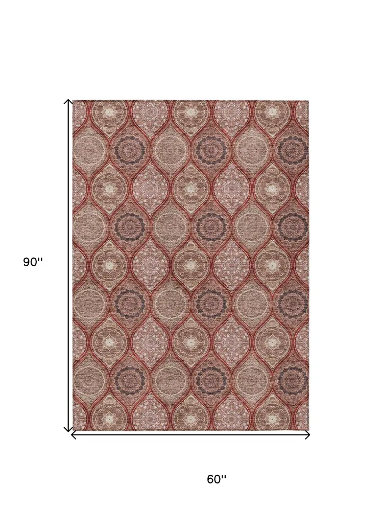 5' X 8' Orange Beige And Gray Floral Medallion Washable Indoor Outdoor Area Rug
