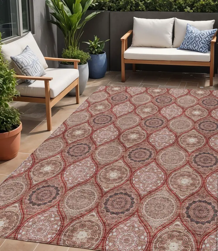 5' X 8' Orange Beige And Gray Floral Medallion Washable Indoor Outdoor Area Rug