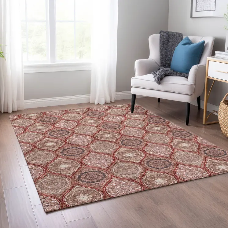 8' X 10' Orange Beige And Gray Floral Medallion Washable Indoor Outdoor Area Rug