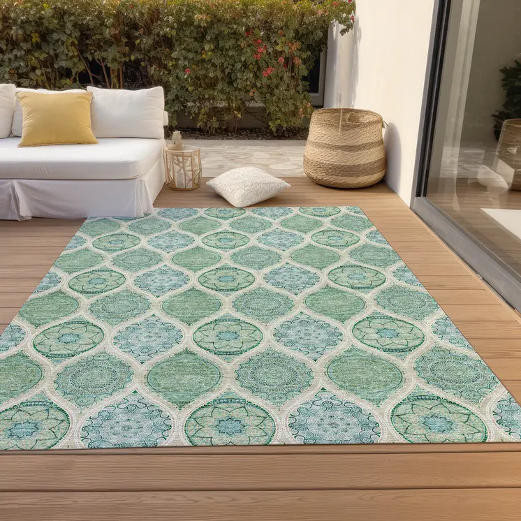 3' X 5' Sage Ivory And Teal Blue Floral Medallion Washable Indoor Outdoor Area Rug