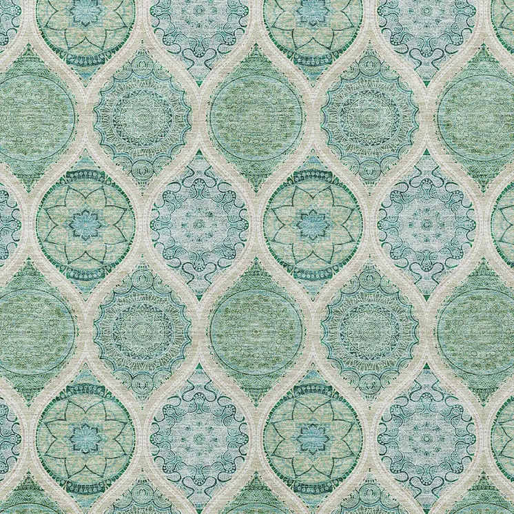 3' X 5' Sage Ivory And Teal Blue Floral Medallion Washable Indoor Outdoor Area Rug