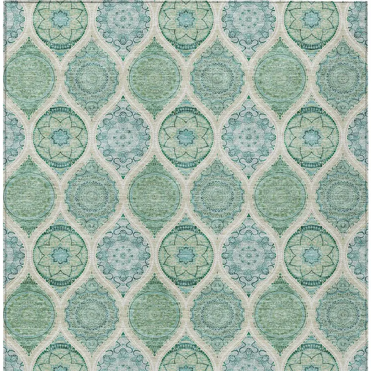 5' X 8' Sage Ivory And Teal Blue Floral Medallion Washable Indoor Outdoor Area Rug