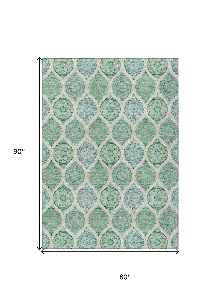 5' X 8' Sage Ivory And Teal Blue Floral Medallion Washable Indoor Outdoor Area Rug