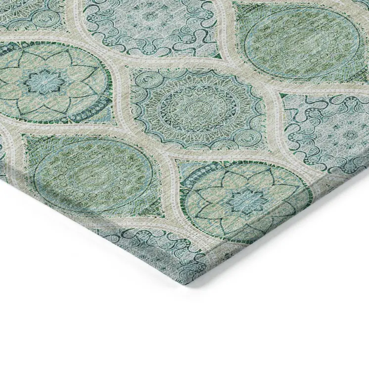 5' X 8' Sage Ivory And Teal Blue Floral Medallion Washable Indoor Outdoor Area Rug