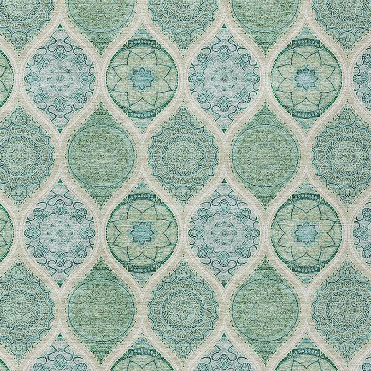 5' X 8' Sage Ivory And Teal Blue Floral Medallion Washable Indoor Outdoor Area Rug